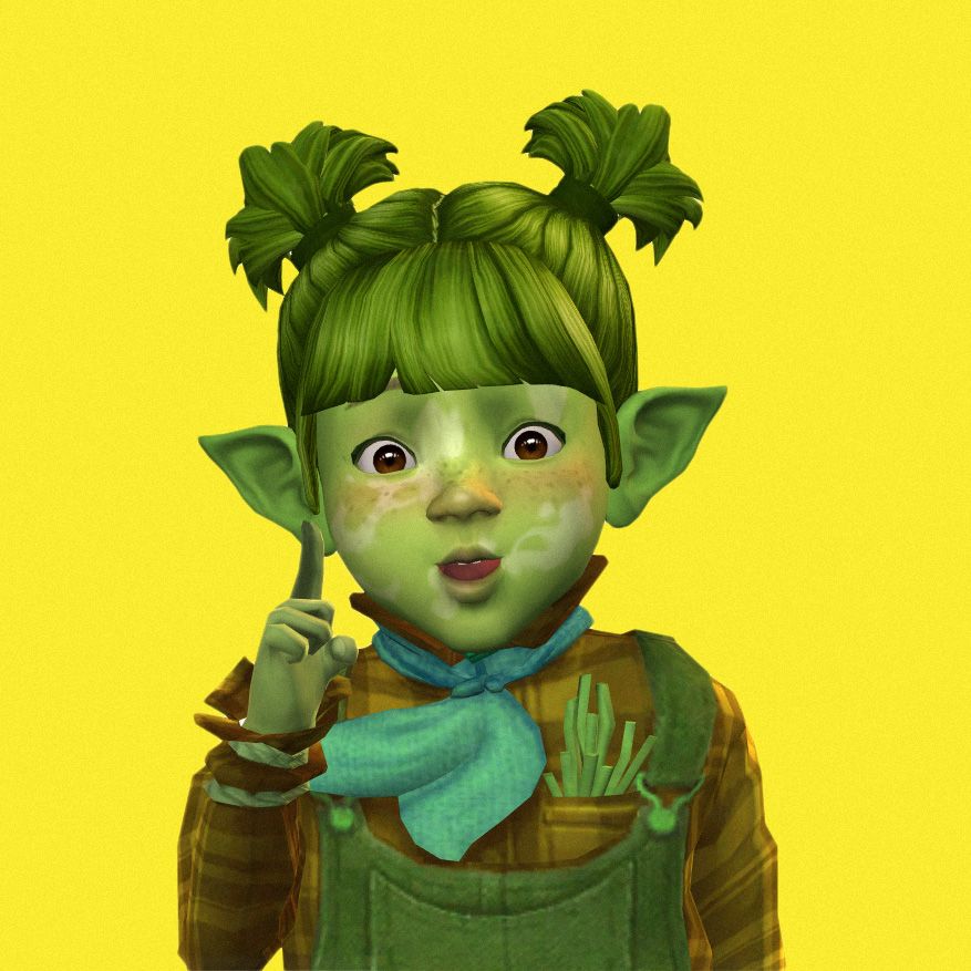 A Sims 4 toddler with green skin and hair