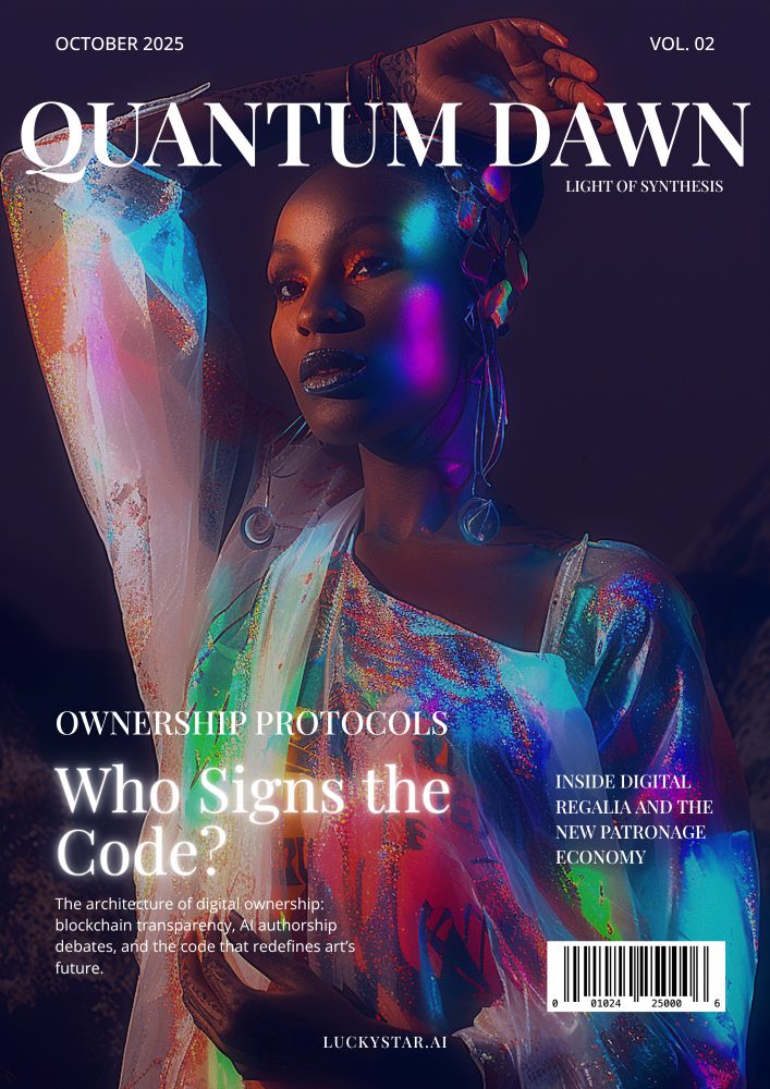 quantum dawn
October 2025
Vol 2
Ownership Protocols
Who Signs the Code?
Inside Digital Regalia and the New Patronage Economy
The architecture of digital ownership: blockchain transparency, AI authorship debates, and the code that redefines art’s future.
luckystar.ai