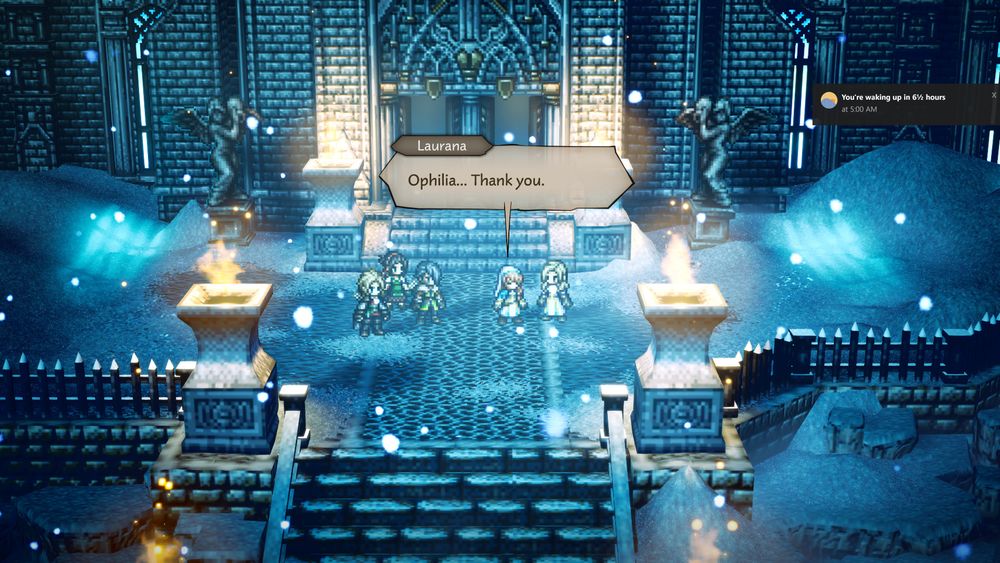 Pictured is the protagonist and his party members, Stia and Phenn, along with Laurana and Ophiliia to the right. Laurana is expressing gratitude to Ophilia for taking care of her while staying in Flamesgrace