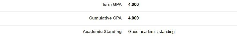 Screenshot of graduate school GPA after the first semester in the fall 