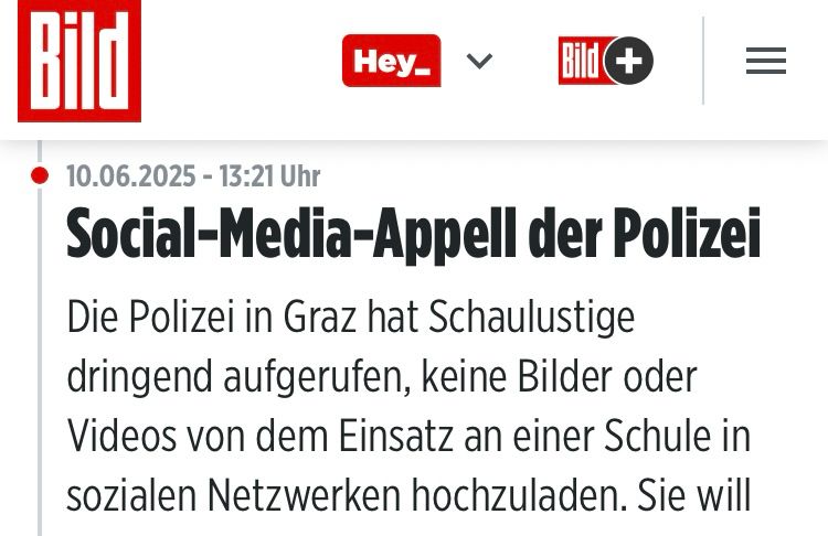 Ein Foto eines Bild-Artikels, in dem steht, dass die Polizei Menschen auffordert, keine Bilder oder Videos des Amoklaufs hochzuladen. Auf dem zweiten Bild der Screenshot eines Videos, das Bild hochgeladen hat. 