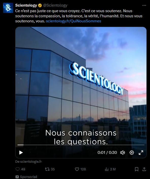 Post sponsorisé pour faire la promotion de la Scientologie. Selon son enseignement, les hommes seraient des thétans (principes spirituels immortels) qui, après avoir créé l'univers, se seraient accidentellement englués dans leur création. Bien loin donc de quelque chose de scientifique comme son nom aimerait le faire croire.