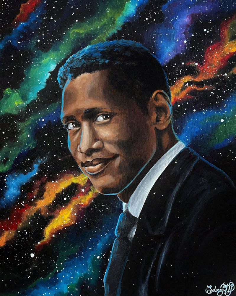 a portrait of Paul Robeson with nebula clouds and stars behind him