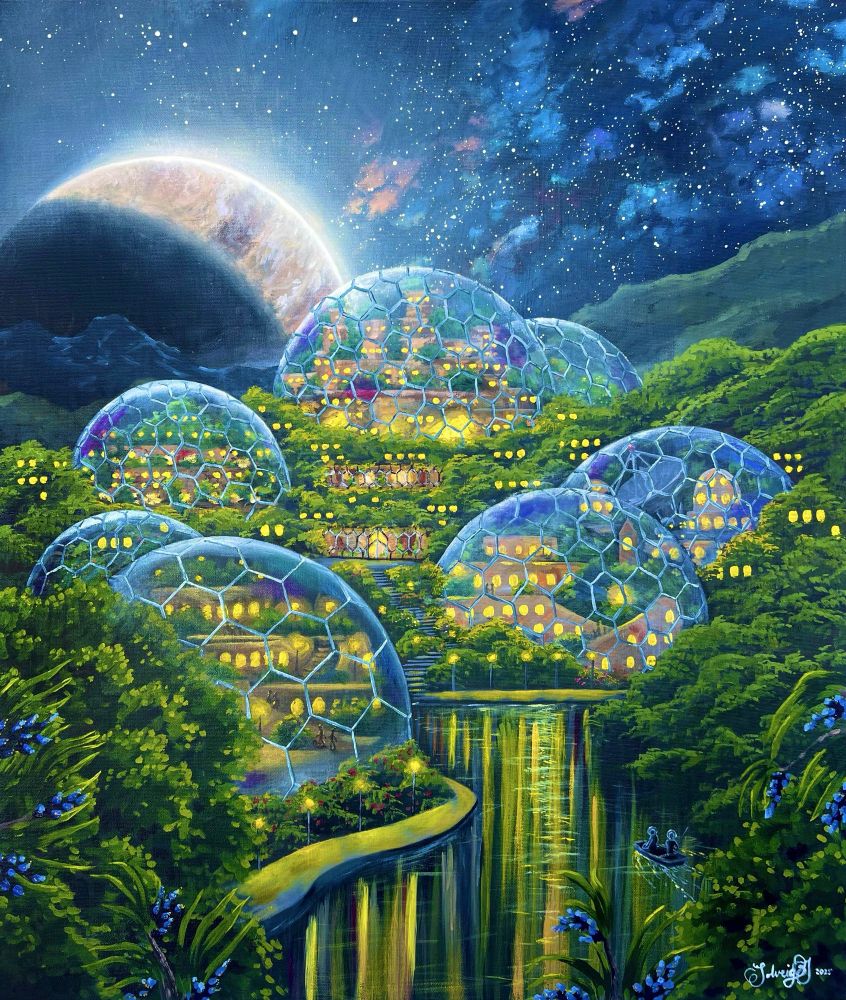 acrylic and oil painting of several geodesic domes on a habitable moon