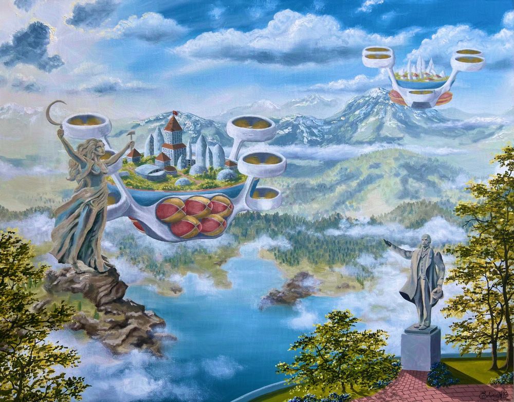 The view from the terrace of a future city that sits atop a massive drone, allowing it to be relocated at will to accommodate for climate instability and allow natural landscapes to regenerate. 
