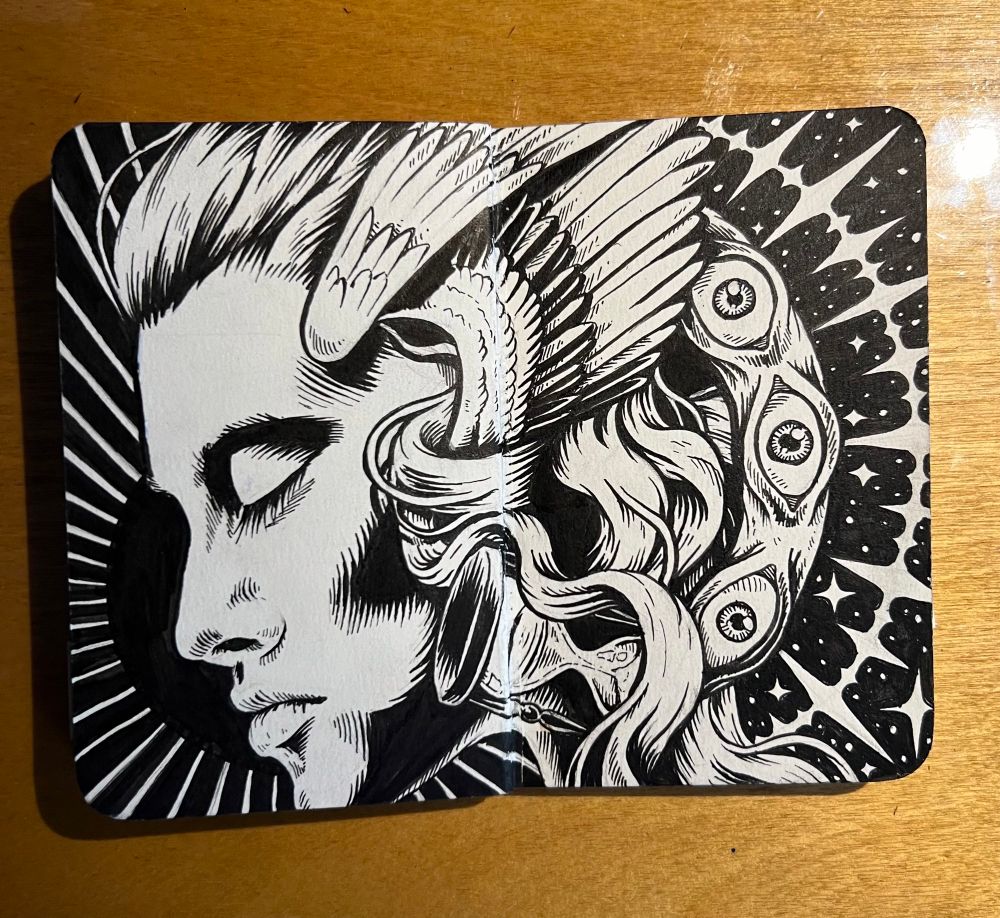Side profile of woman, illustration, sketchbook, biblically accurate angel, wing, ink drawing, gothic art, hourglass