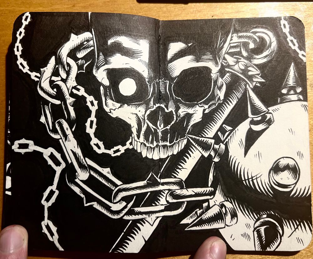 Mace and skull illustration, sketch, sketchbook ink drawing 
