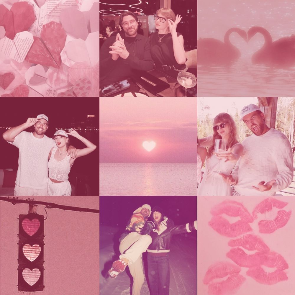 Collage of nine photos in a blush pink hue

1. Pile of paper folded hearts
2. Travis on the left and Taylor on the right having dinner together. They are both wearing black outfits and there is a drink and place in a phone visible.
3. Two swans facing each other, touching beaks making a heart.
4. Taylor and Travis, both in white outfits and hats. They are both touching their hat.
5. A sunset, but the sun is a heart - skyline in front of the ocean.
6. Taylor and Travis again wearing white outfits. Taylor is wearing sunglasses and Travis is wearing a hat and making a hand gesture.
7. a traffic light, but instead of circles, they are hearts hanging on a pole
8. Travis on the left and tail on the right wearing snow outfits… Well, Taylor is wearing jeans, for reference they just want ice-skating and are dressed for cold weather. also there is snow on the ground and they are standing in what appears to be a street.
9. Kiss marks on a piece of paper- 5 kisses 💋 