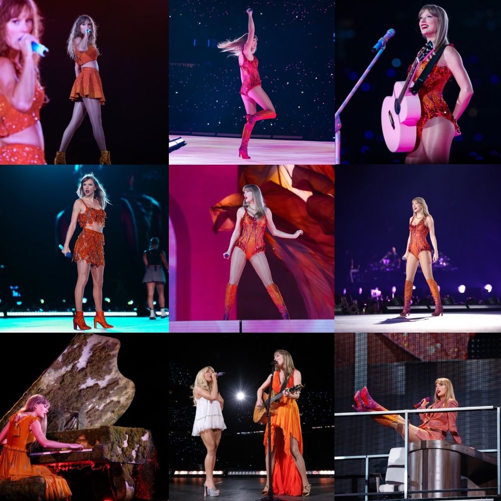 9 PHOTO COLLAGE OF TAYLOR SWIFT PERFORMING AT THE ERAS TOUR WEARING STRICTLY ORANGE OUTFITS 

Lover - Orange/Pink Bodysuit
1989 - Original and New Orange Set
Evermore - Orange and Gold dress
Surprise Song - Orange Dress
