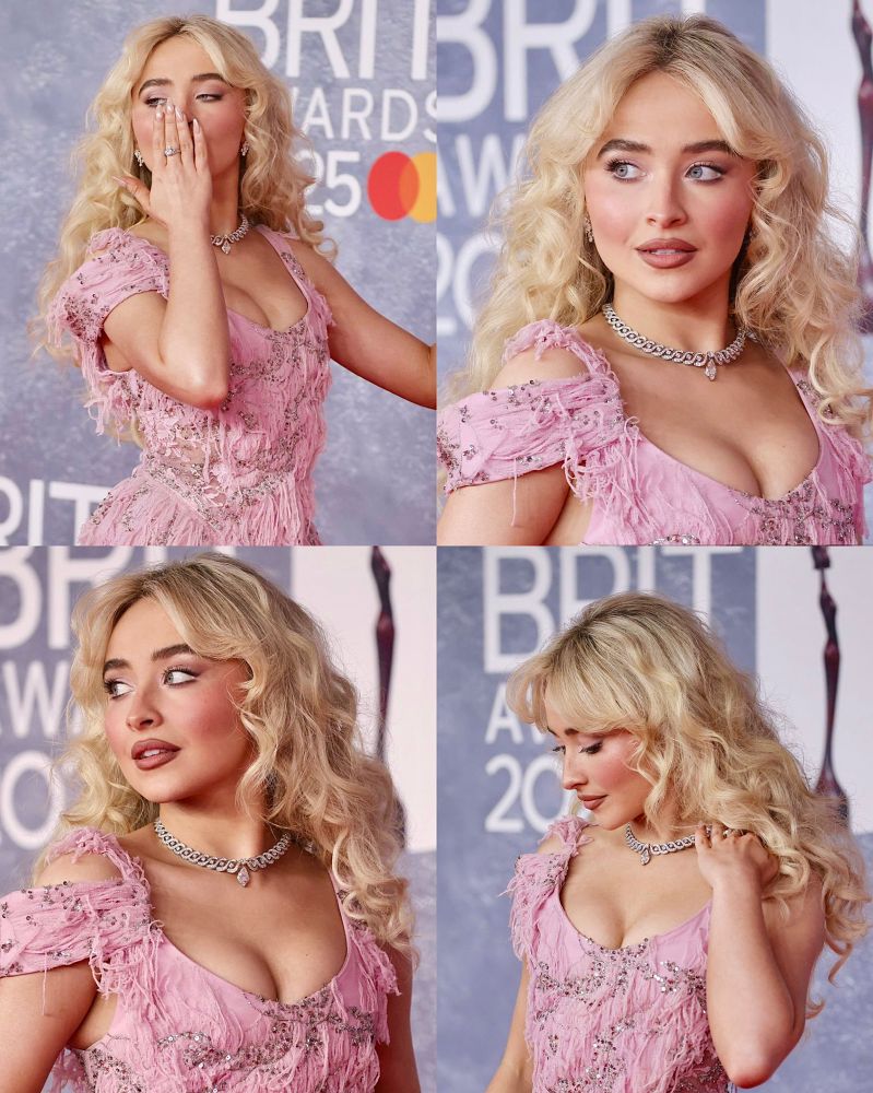Four photos of Sabrina Carpenter at BRITs award wearing pink sequin embellished dress and choker necklace, blonde hair down and curled