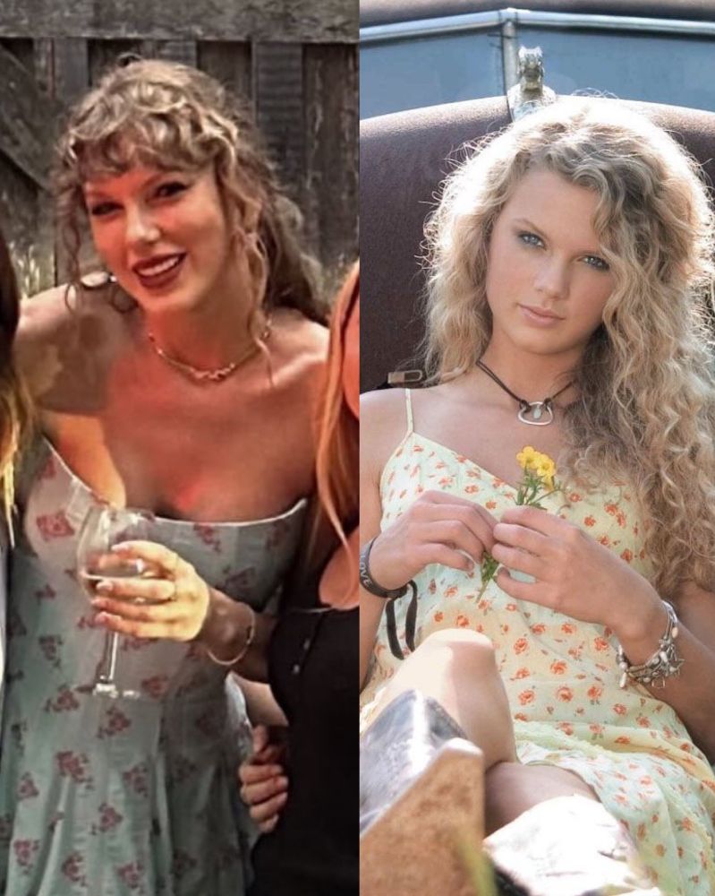 Left: Taylor Swift recently at a wedding with natural curly hair and floral dress holding a glass of champagne 

Right: Taylor Swift during the debut (taylor swift album) era with natural curly hair and floral dress holding a yellow flower 