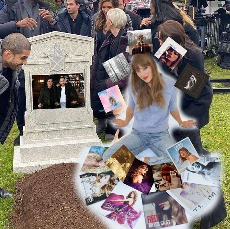 Taylor Swift sitting on a grave surrounded by all of her albums with Scooter Braun and some other schmuck I don’t care enough about to know his name on the headstone with other people standing in the background