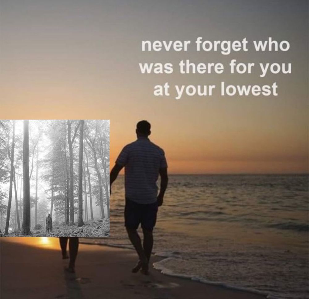edit on the bad place of two people walking on a beach and holding hands with the folklore album cover placed over one of the people and the text reads never forget who was there for you at your lowest 