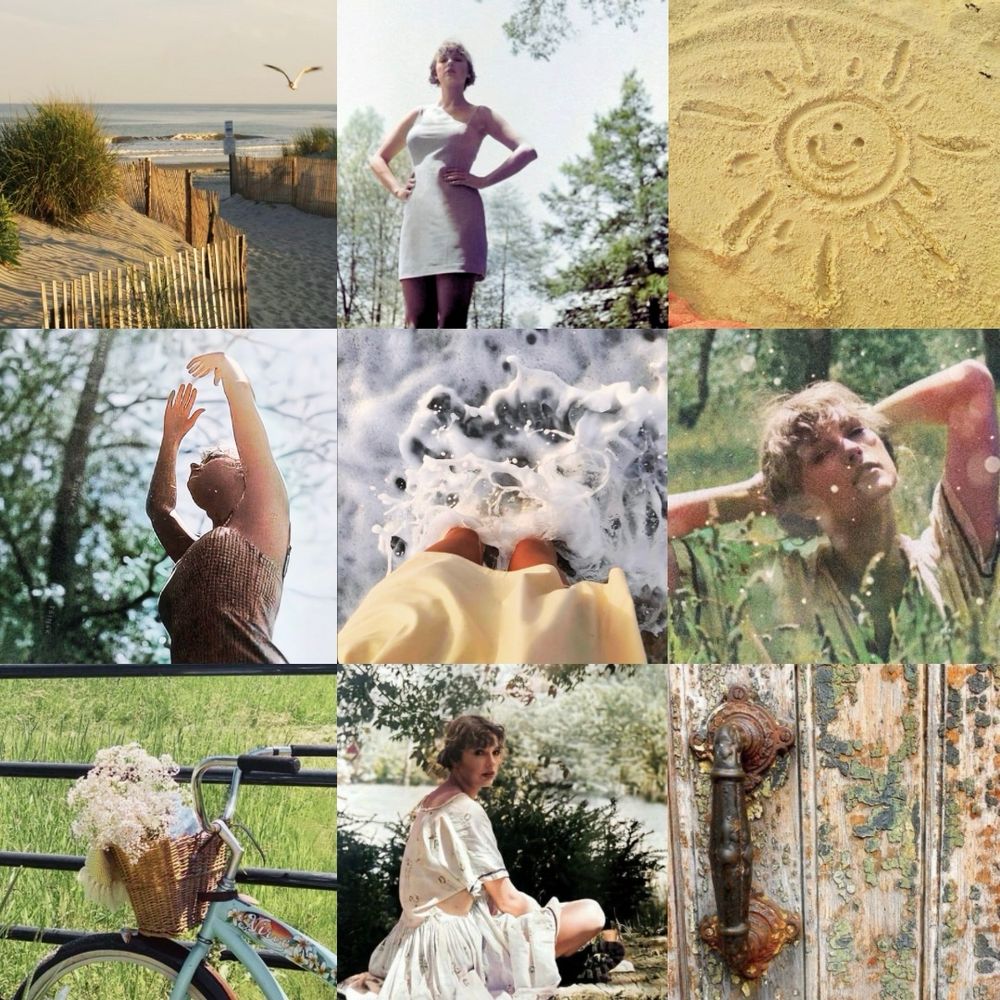 Collage of 9 images for Taylor Swift’s song ‘August’

1. Beach entrance with fenced walkway and sand with ocean in background and seagull flying in the frame
2. Taylor Swift wearing white dress with her hands on her hips - folklore photoshoot
3. Drawing of a sun with a smiley face in the sand
4. Taylor Swift with her arms up towards the sky like a ballerina with trees around her - folklore photoshoot 
5. A person in a cream dress standing in the ocean
6. Taylor Swift with her arms behind her head in the weeds - folklore photoshoot 
7. Blue bicycle with a wicker basket with flowers in it leaned against a metal fence with tall grass in the background 
8. Taylor Swift sitting in a dress surrounded by trees and bushes near a lake - folklore photoshoot 
9. Rusted door handle and wood door