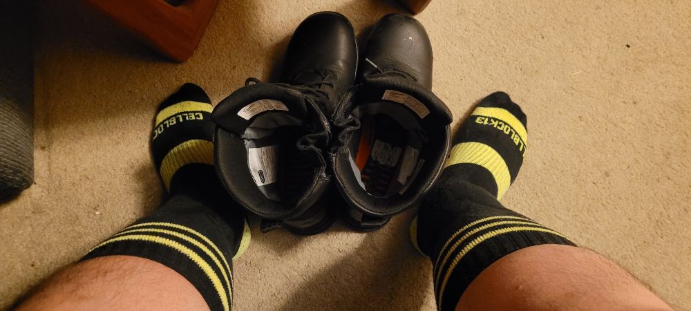 Boots off,  showing off the socks.