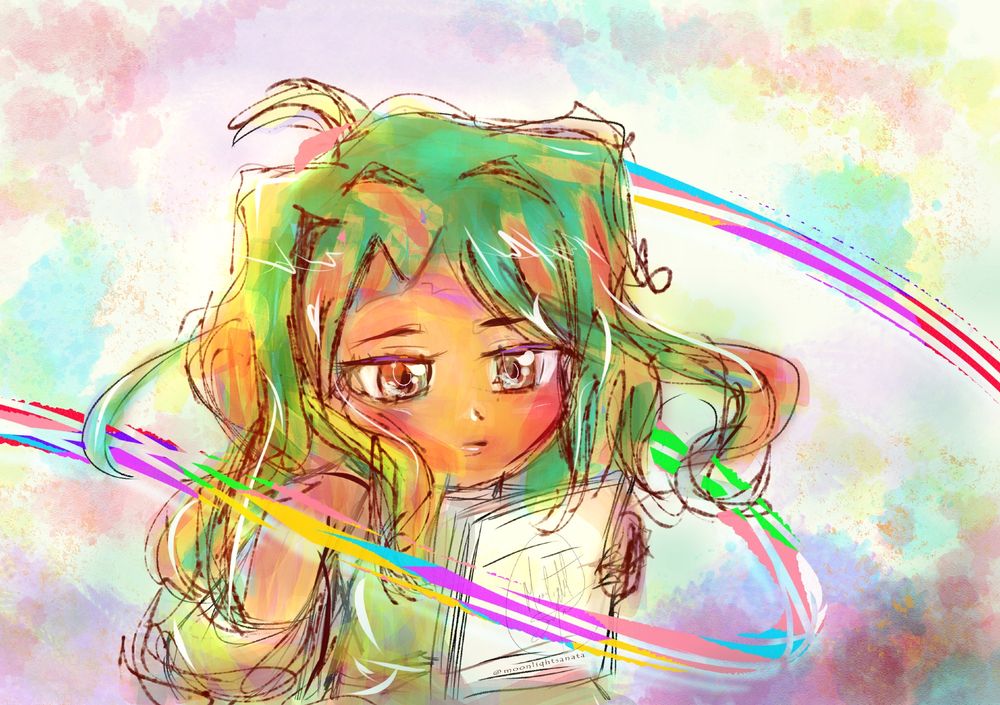 colorful art doodle of new oc ruya. teal green hair is flowy with highlights of yellow and reddish pink peeking through with a swirl of colors that surrounds her as she reads a piece of paper in her hands 