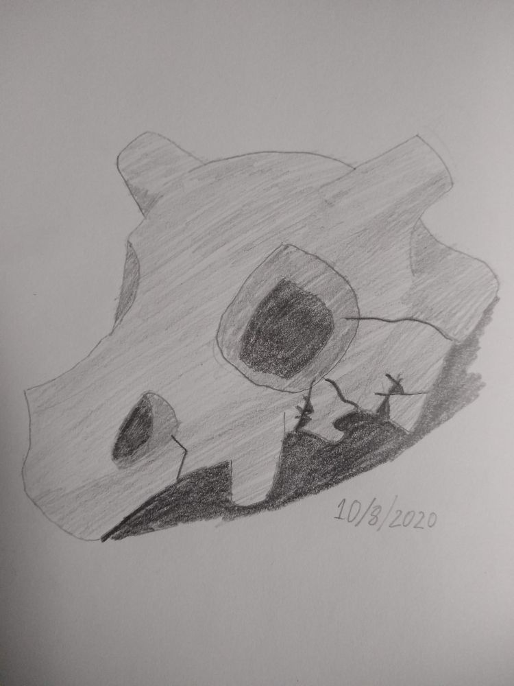 Old pencil sketch of a Cubone's skull helmet.