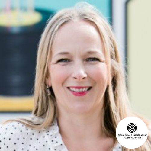 Carrie Wootten headshot with a logo for Global Media & Entertainment 