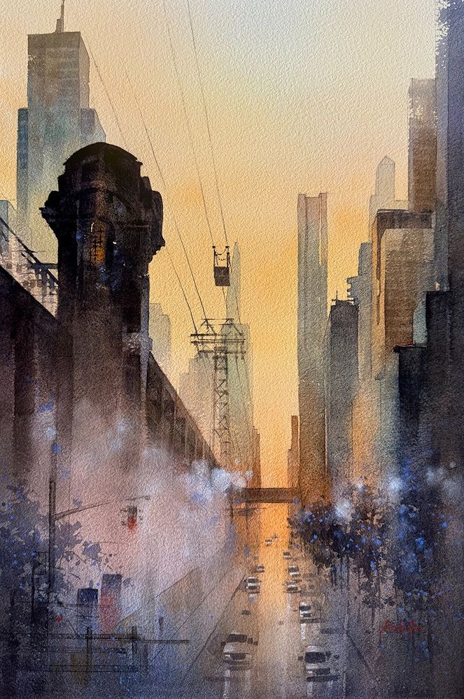 A view of downtown Manhattan  at sunset - looking East on 60th Street 