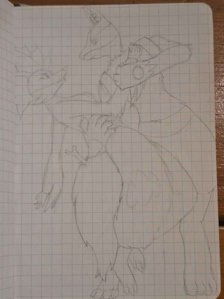 Two pokemon a Delphox (left) and Lucario (right) in a dancing pose looking into each other's eyes. 
Penciled with my Pentel .5 mechanical pencil.