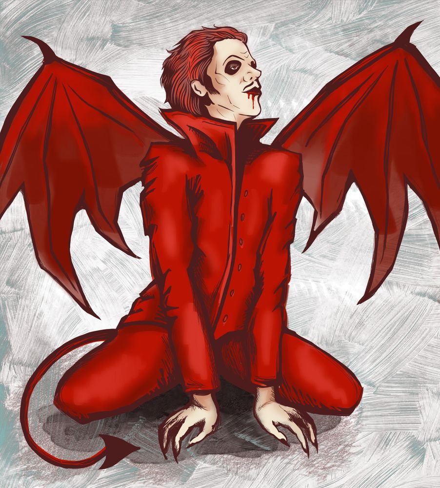 Digital drawing of Ghost's Cardinal Copia in a red suit with red demon wings and a demon tail. He has blood on his chin because for some reason this is also a Dracopia drawing now