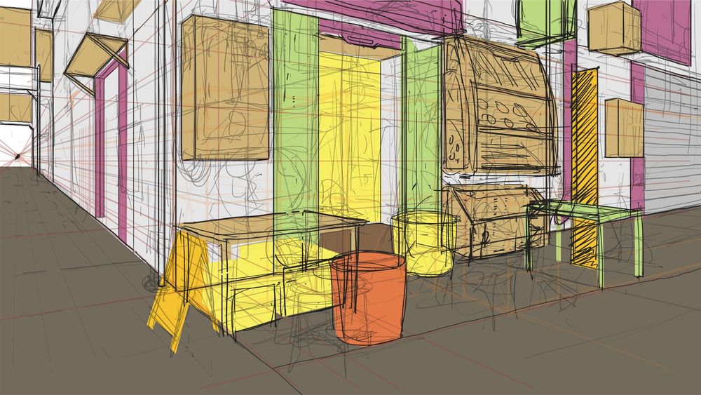 A sketch of a street corner. On the left side of the corner, there's an open doorway with a shelf-like panel above it. 

On the right side is a shop. Tables and bins are placed on the street outside the shop's open door. Panels and displays hang off the wall. Down the road, a bit further to the right, is a closed garage door.

The lines of the sketch are messy and overlap in man places. Bolder lines outline key items (such as the tables, doors, panels) which are colour blocked to help differentiate them. The colours are purple, green, yellow, orange, and brown. The rest of the image is white, light grey, or dark grey.