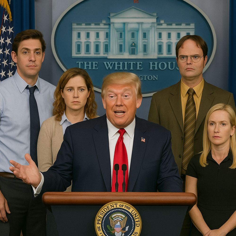Trump stands at a White House podium, flanked by familiar TV characters, their expressions blending confusion, silent panic, and resigned complicity- capturing the absurdity and grim reality of a nation in decline.
