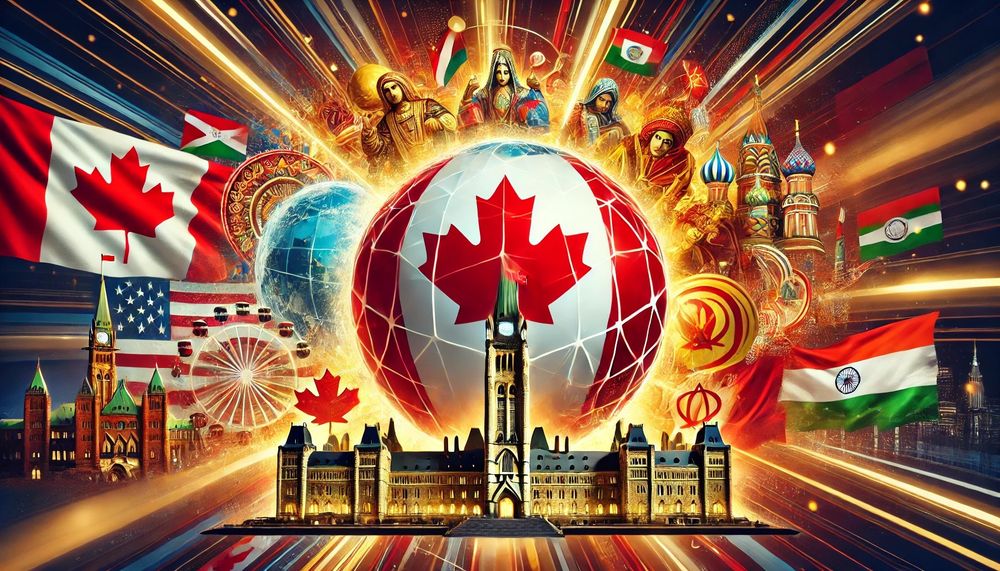 A vibrant, symbolic digital illustration featuring the Canadian flag seamlessly merging with emblems of BRICS nations. In the background, a glowing globe radiates light. Bold rays of golden light connect Ottawa’s Parliament to iconic landmarks, including Christ the Redeemer in Brazil, Red Square in Russia, and the Taj Mahal in India. The composition uses dramatic contrasts of red and white, with gold accents highlighting themes of unity, global transformation, and interconnectedness.