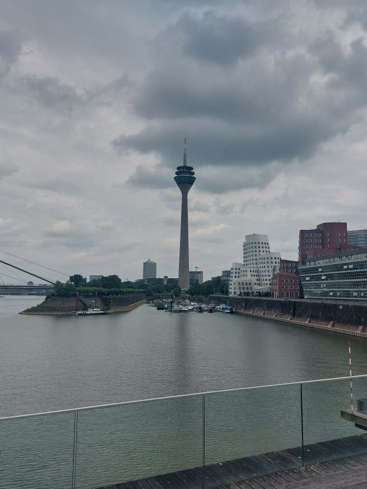 Düsseldorf Media Harbour view of Rhine tower and Gehry buildings.