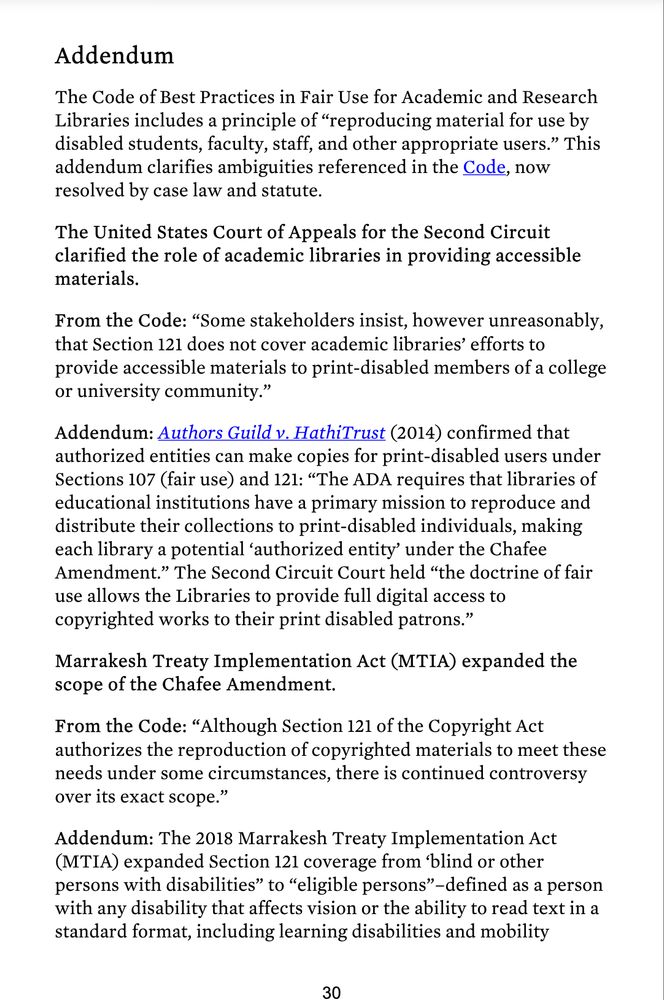 Screenshot shows the first page of the ARL Code addendum, which includes confirmation of fair use's application to accessibility under HathiTrust, Section 121's applicability to research libraries, and updates to Section 121 from the Marrakesh Treaty Implementation Act.