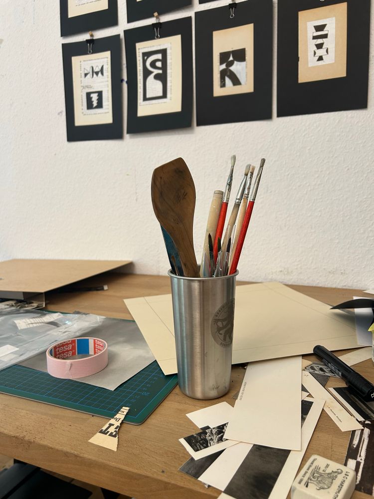 Brushes, messy desk