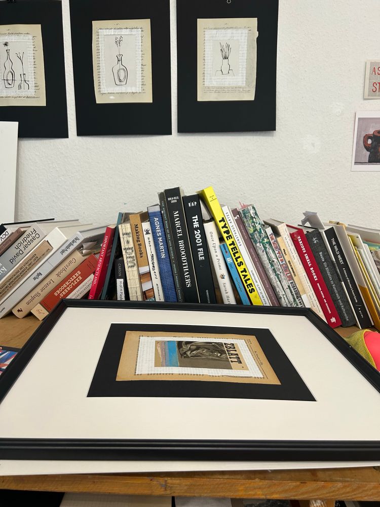 Messy bookshelf and found paper collage