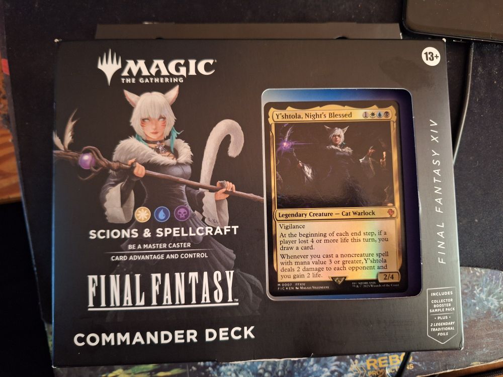 A picture of the Final Fantasy XIV x Magic the Gathering commander deck, showing the character Y'shtola on the front.
