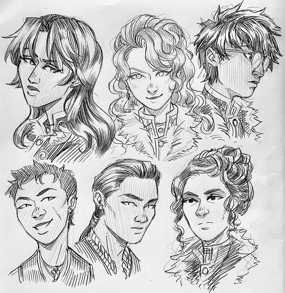Sketches of Zoya, Genya, David, Tamar, Tolya, and Baghra from Shadow and Bone