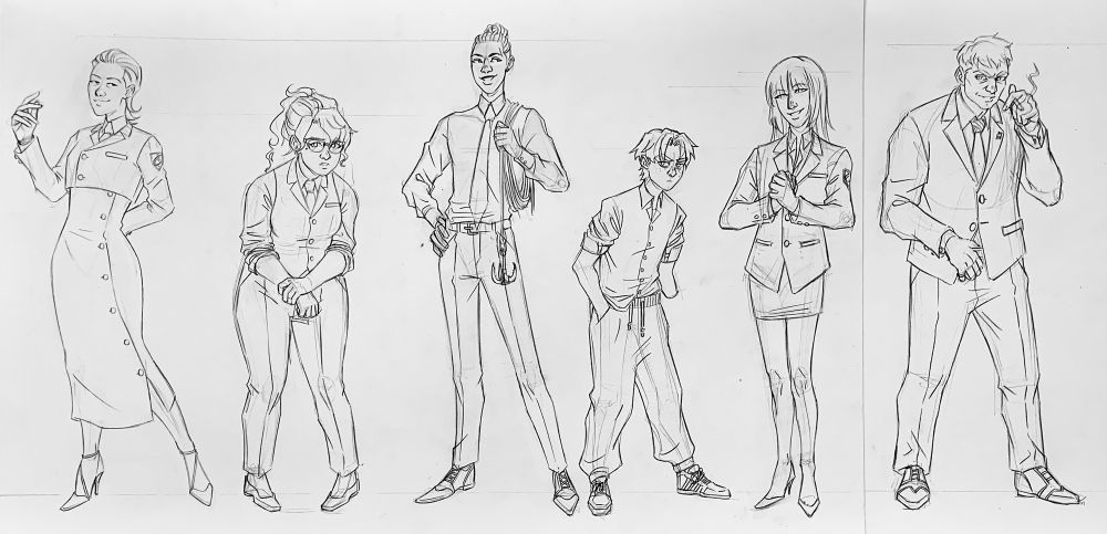 Pencil sketches of six character designs for a heist thriller graphic novel