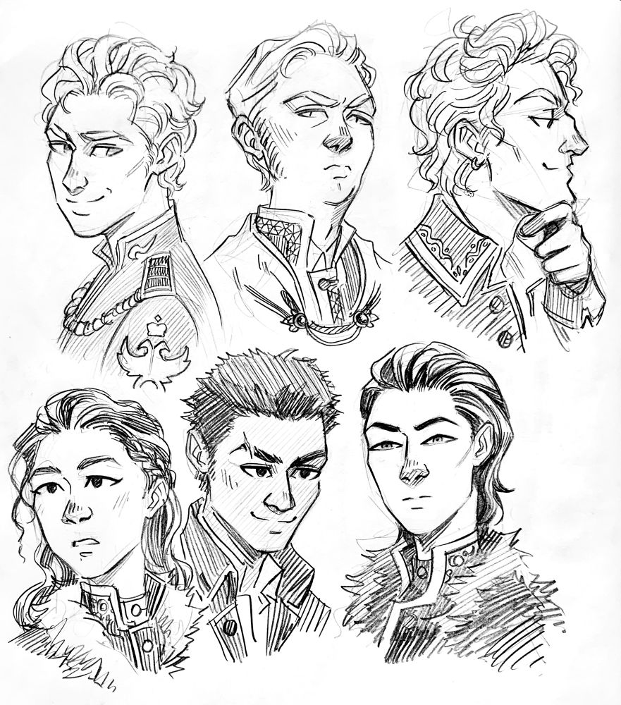Sketches of Nikolai, Vasily, Sturmhond, Alina, Mal, and the Darkling from Shadow and Bone