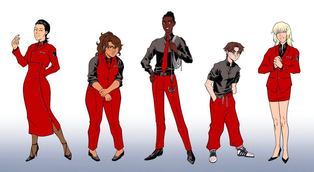 A drawing of five characters from Hotel of Thieves by Claire Scott. All are dressed in red hotel uniforms.