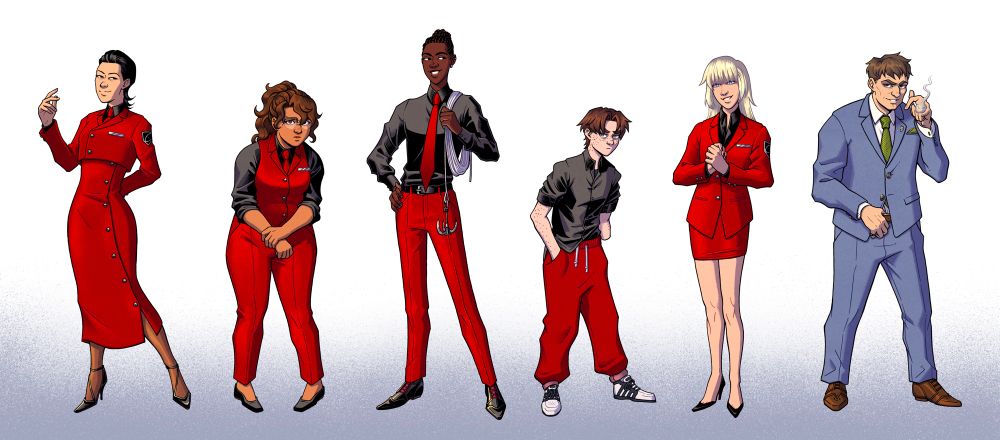 Six illustrated characters for a heist graphic novel pitch