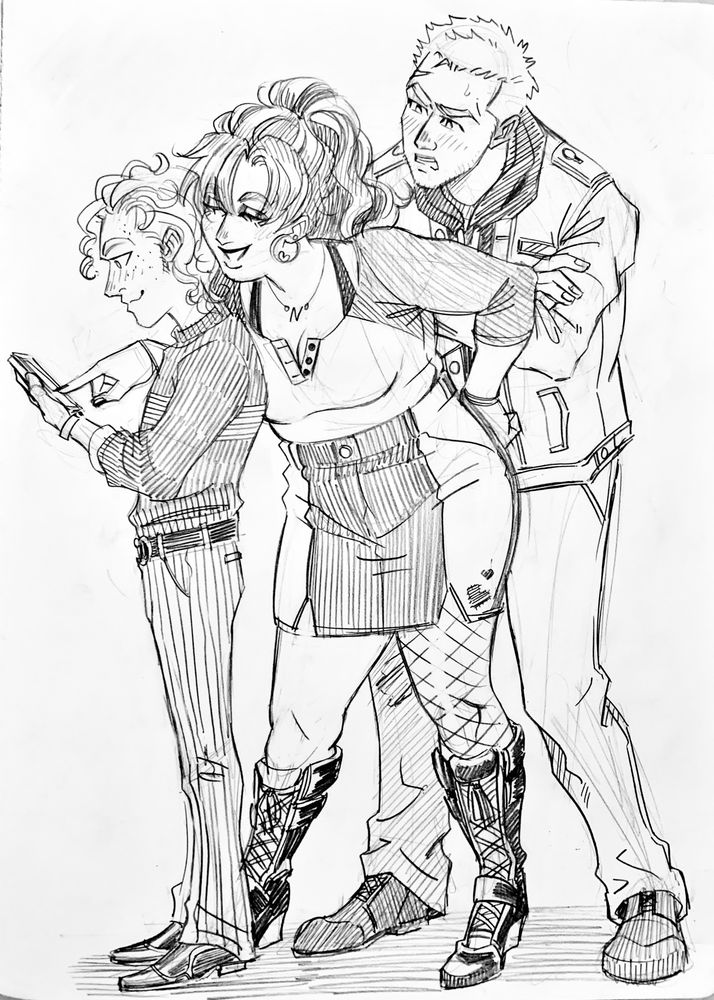 Sketch of Wylan, Nina, and Matthias from Six of Crows in modern clothing.