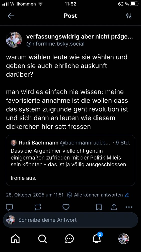 mein drüko über rudi bachmann post s. o.

er tippte sinngemäße dass es ja auch sein könnte neben all den anderen milliarden von denkmöglichkeiten dass die argentinier mehrheitheitlich in mileis sinne abgestimmt hätten weil sie so ganz ganz vll mit sek er politik zufrieden sein könnten