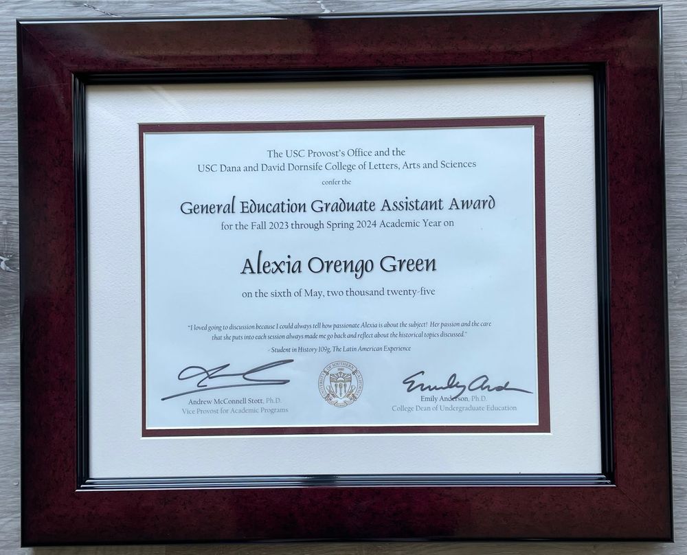 Certificate for the General Education Graduate Assistant Award given to Alexia Orengo Green.