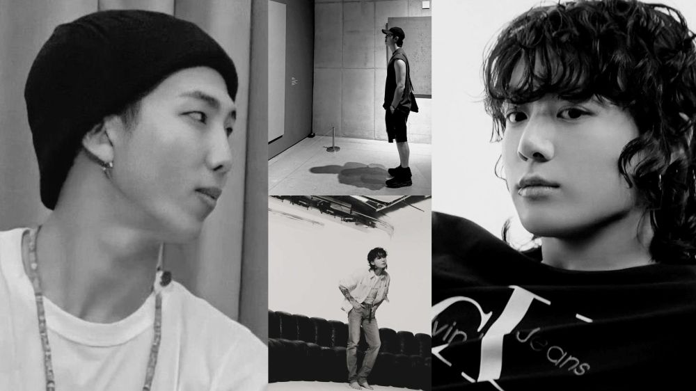 A black and white collage of four images. On the left, Namjoon in a black beanie is looking toward the right. In the middle, two smaller photos stacked on top of each other, one of Namjoon in an art museum, and another of Jungkook posing during his CK shoot. On the right, a closeup of Jungkook with his long curly CK era hair is looking slightly off-camera.