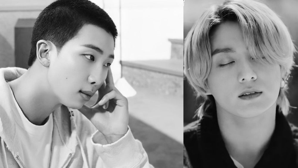 Two black-and-white photos showing Kim Namjoon with his hair buzzcut-short, leaning his chin against his hand as he looks toward the right, and on the right there's Jeon Jungkook with his blond hair parted almost in the middle, his eyes closed and his mouth cracked slightly open, looking ethereal.