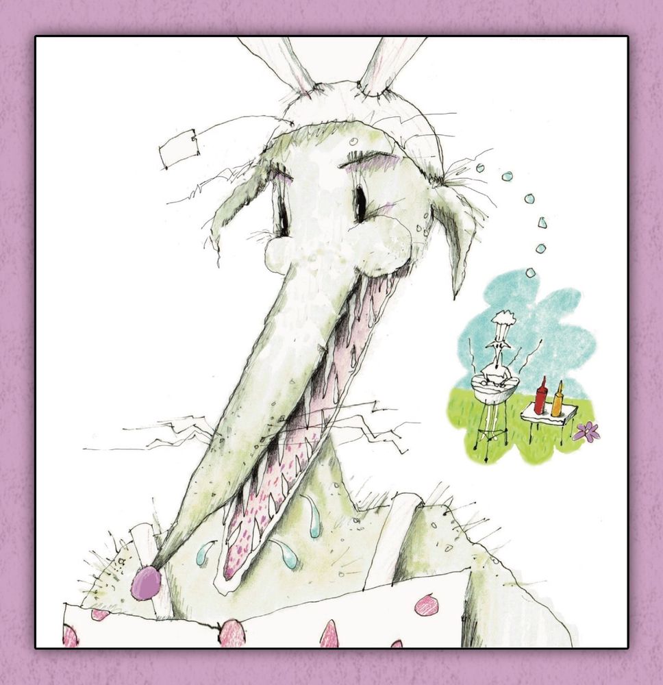 An illustration from Hare B&B. A coyote in an unconvincing rabbit costume drools as she thinks about barbecuing