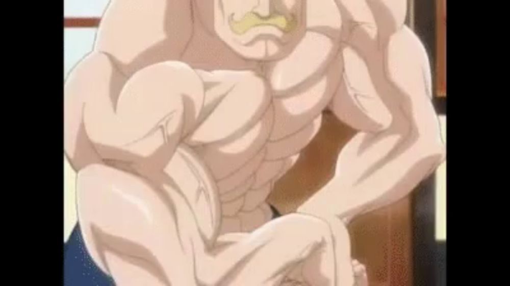 a shirtless man with a mustache is flexing his muscles in a cartoon .