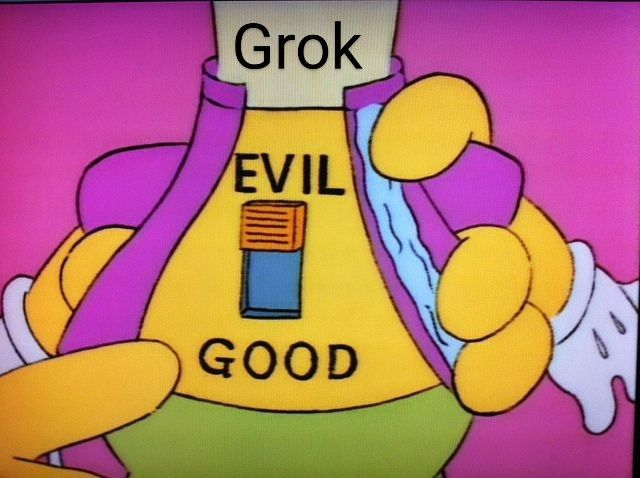 A doll with a toggle switch with two options: good and evil. The neck of the doll has the word "Grok" on it.