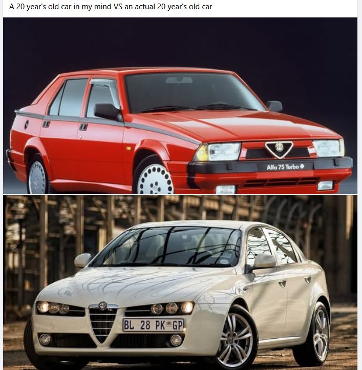 Photographs of two cars - a boxy 1980s saloon and its sleek 2000's descendant - with the caption "A 20 years old car in my mind vs an  actual 20 years old car"
