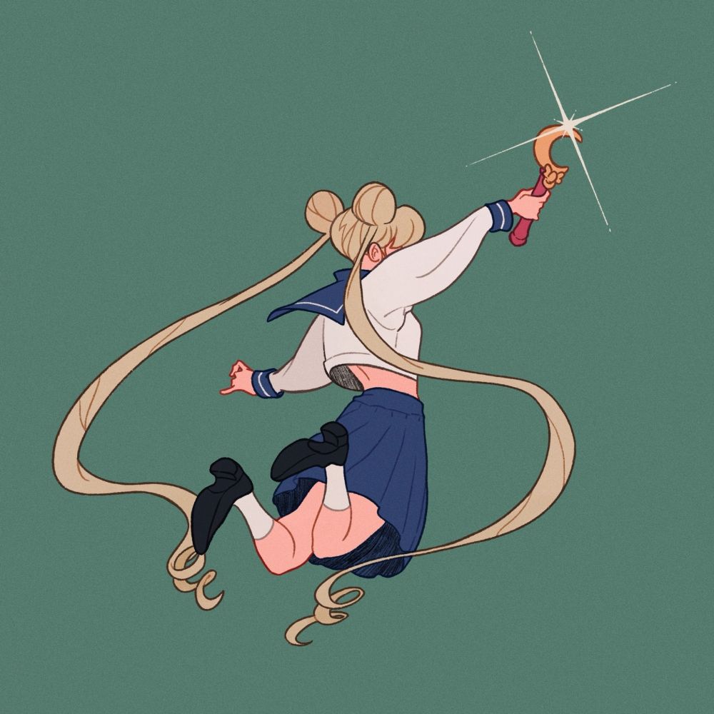 A digital drawing of Usagi from Sailor Moon, a view from the back as she jumps, raising her wand. Her hair billows around her. The drawing is in flat colour, with a dark teal background.