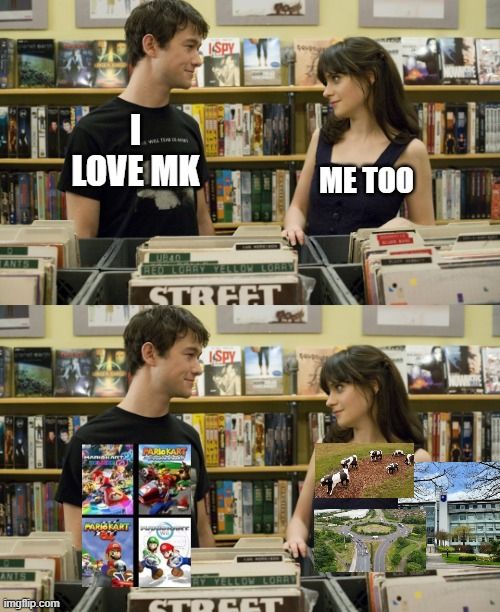 Image from the film 50 Days of Summer of the male and female characters looking at each other in a record store, repeated vertically. in the upper image, the male character says 'I love MK' and the female character says 'Me too'. In the lower image, the man has a series of Mariokart images on him, the woman has images of Milton Keynes: the concrete cows, a roundabout and the OU headquarters at Walton Hall.
