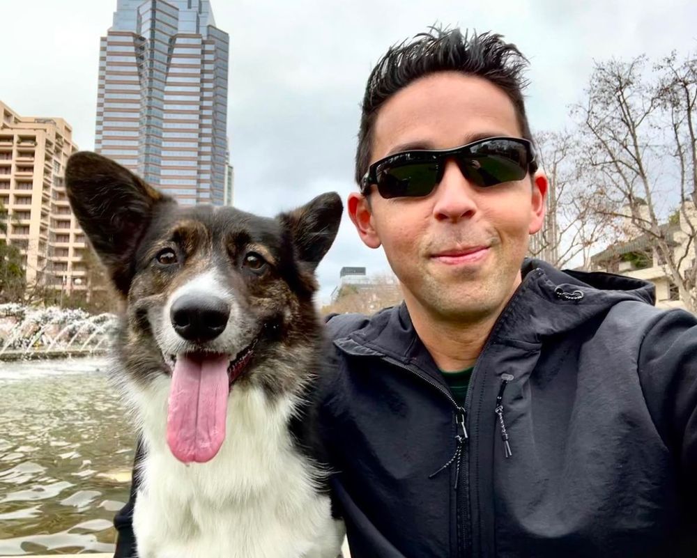 A photo of Pico the corgi and Josh Campbell in Los Angeles 